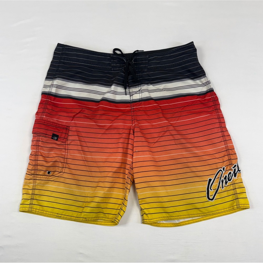 Vtg O'Neill Mens Board Shorts Striped Sunset Gradient Orange Red Black Size 36